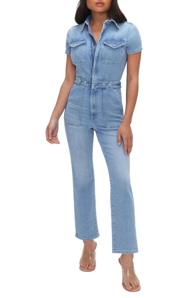 Good American Petite Fit for Success Denim Jumpsuit in Blue274 Cover