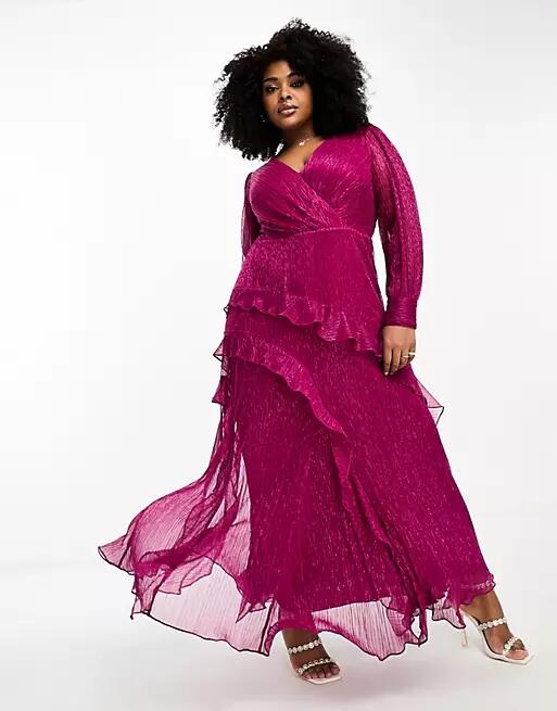 Ever New Curve sheer sleeve cut-out plisse maxi dress in hot pink Cover