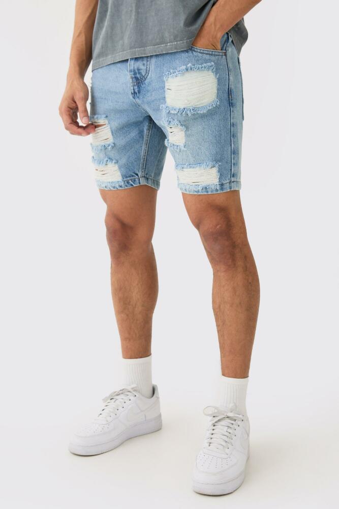 boohoo Mens Skinny Ripped Jean Shorts In Light Blue Cover