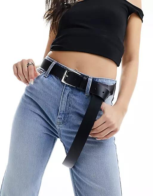 ASOS DESIGN rectangular buckle long boyfriend belt in black Cover