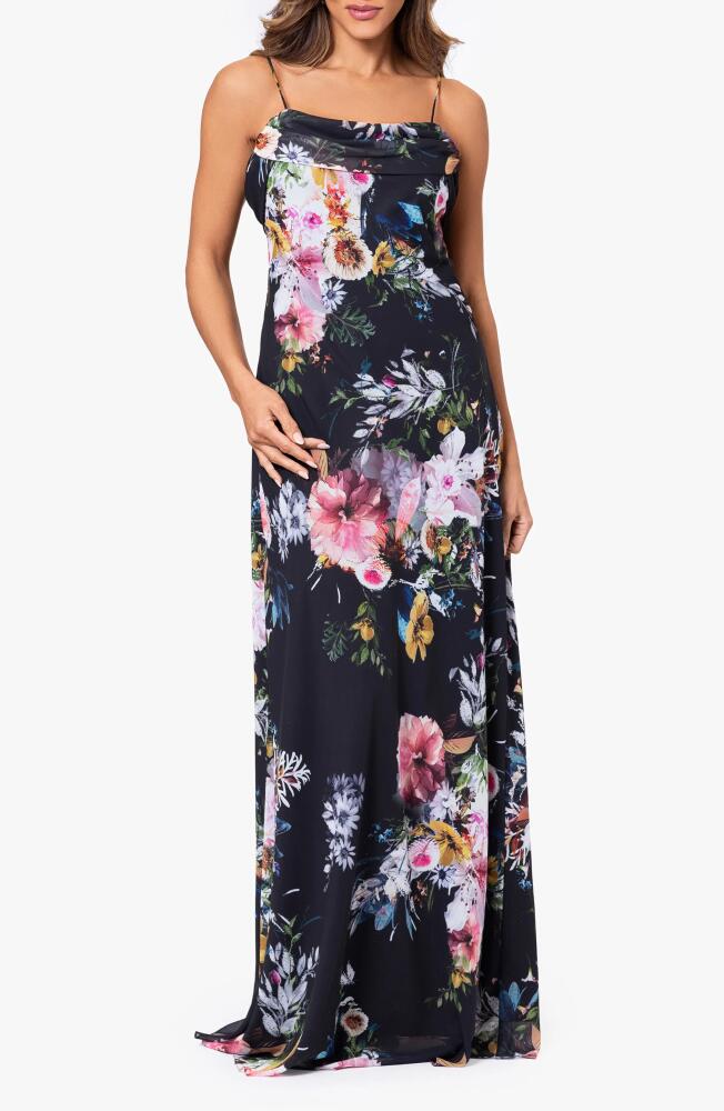 Betsy & Adam Floral Print Cowl Neck Gown in Black/Multi Cover