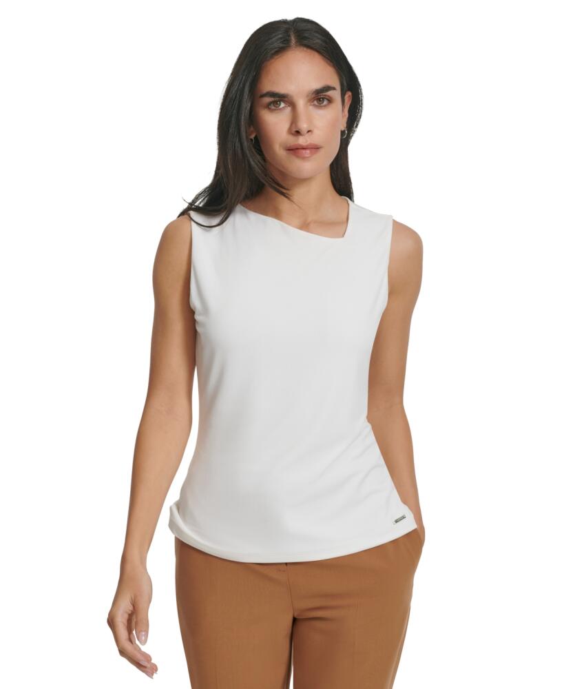 Calvin Klein Women's Solid Asymmetrical-Neckline Sleeveless Blouse - Cream Cover