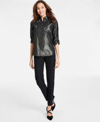 Gloria Vanderbilt Womens Amanda Metallic Striped Shirt Tummy Control Pull On Slim Trousers Cover