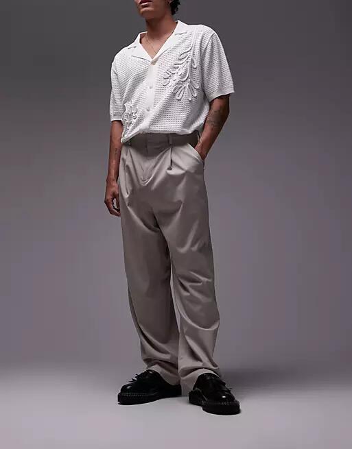 Topman wide leg pants in stone-Neutral Cover