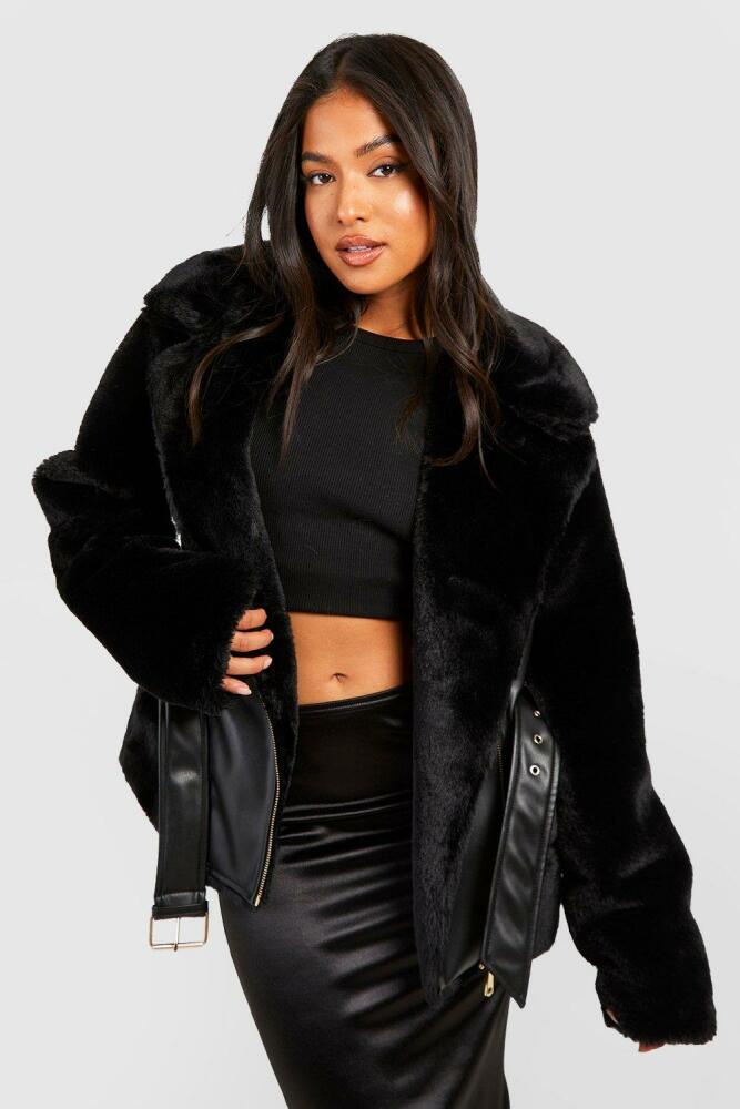 boohoo Womens Petite Shearling Faux Fur Belted Aviator - Black Cover