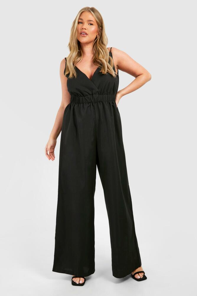 boohoo Womens Plus Woven Wrap Over Wide Leg Jumpsuit - Black Cover