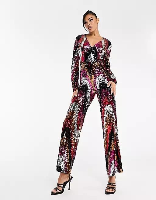 Jaded Rose flared jumpsuit in swirl sequin-Multi Cover