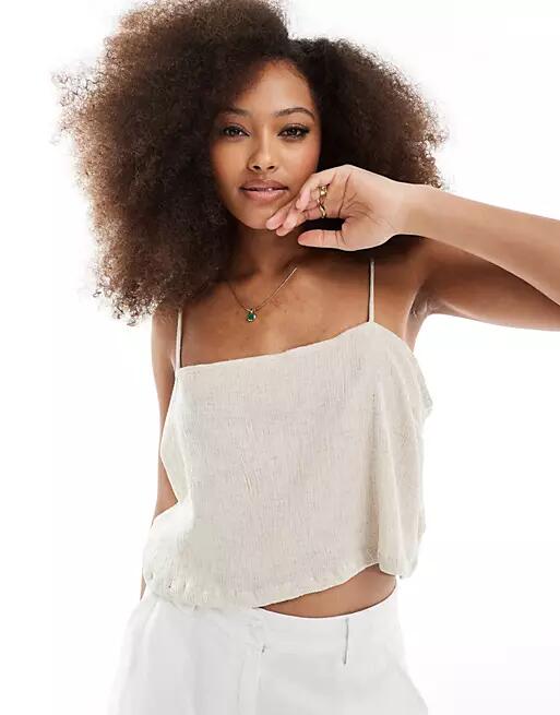 ASOS DESIGN crinkle linen mix square neck cami top in natural-Neutral Cover