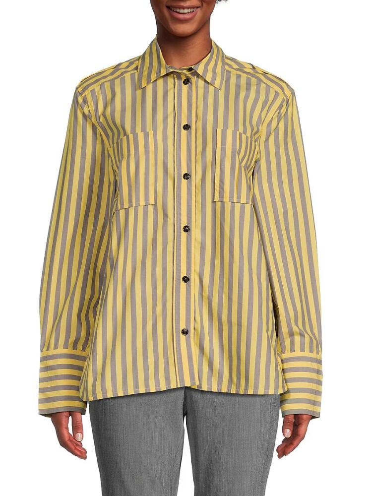 Ganni Women's Striped Dropped Shoulder Shirt - Yellow Grey Cover