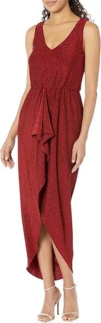 Calvin Klein V-Neck Glitter Knit Gown with Ruched Front (Red/Red) Women's Dress Cover