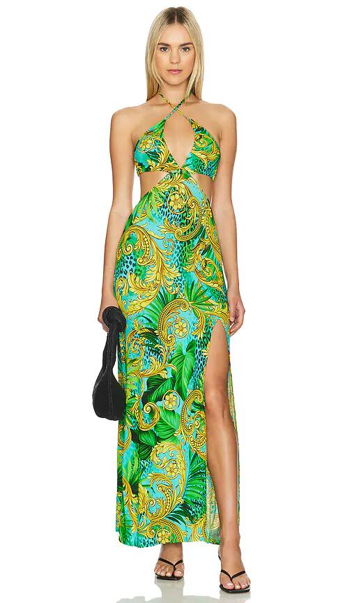 Luli Fama Palm Island Halter Keyhole Cut Out Maxi Dress in Green Cover