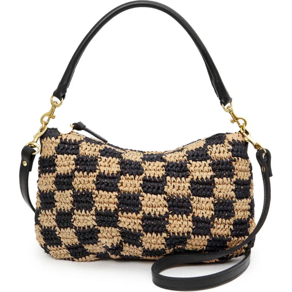 Clare V. Petit Moyen Leather Messenger Bag in Black/Natural Checker Raffia Cover