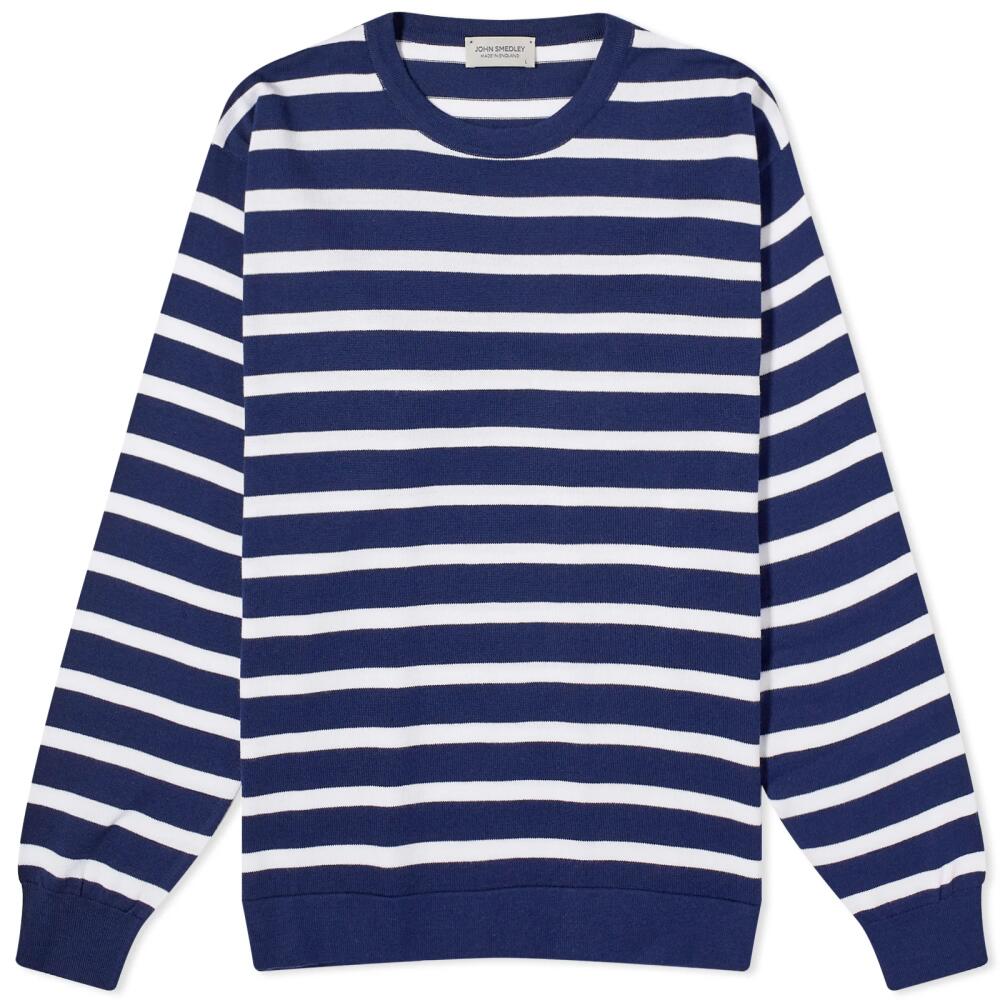 John Smedley Men's Teller Stripe Crew Knit Sweater in French Navy/White Cover