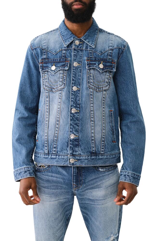 True Religion Brand Jeans Jimmy Rope Embellished Graphic Denim Trucker Jacket in Itonda Medium Wash Cover