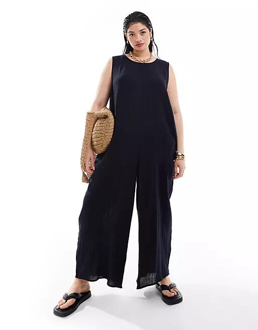 ASOS DESIGN Curve crew neck culotte romper jumpsuit in Black Cover