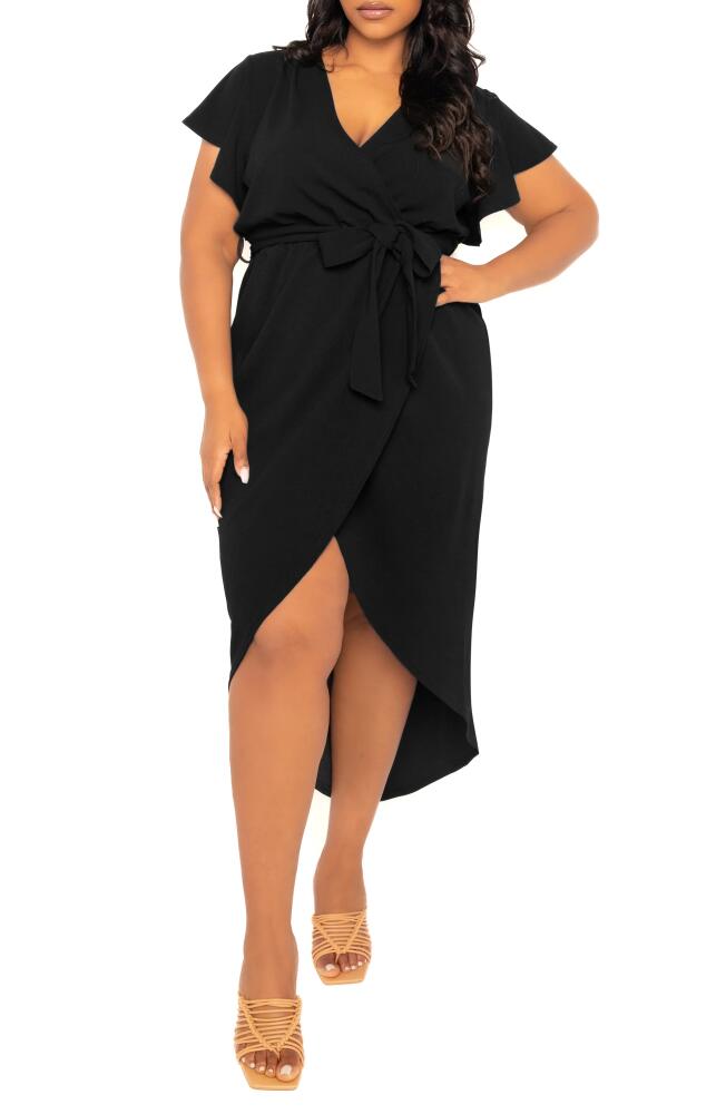 BUXOM COUTURE Flutter Sleeve High-Low Faux Wrap Dress in Black Cover