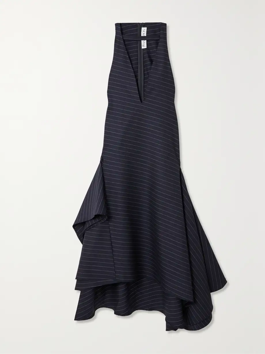 JW Anderson - Asymmetric Paneled Pinstriped Wool-blend Twill Midi Dress - Blue Cover