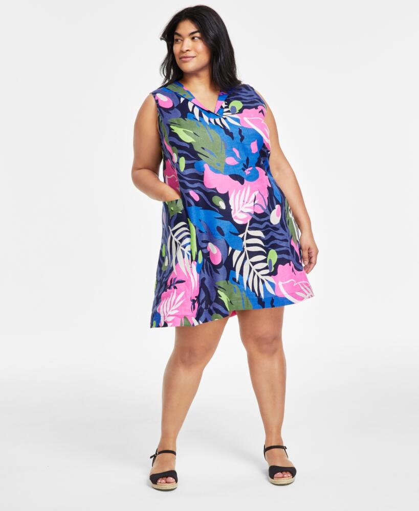 Charter Club Plus Size 100% Linen Printed Split-Neck Dress, Created for Macy's - Intrepid Blue Combo Cover