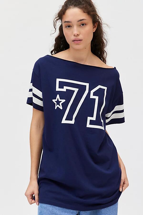 71 Jersey Graphic Off-The-Shoulder T-Shirt Dress in Navy Cover