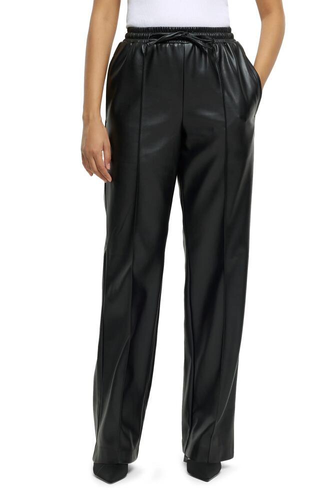 River Island Drawstring Waist Wide Leg Faux Leather Pants in Black Cover