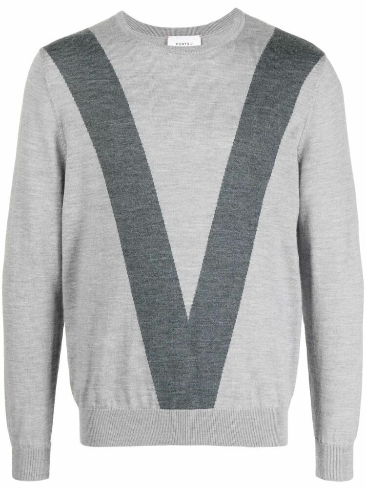 Ports V intarsia-knit logo crew-neck jumper - Grey Cover