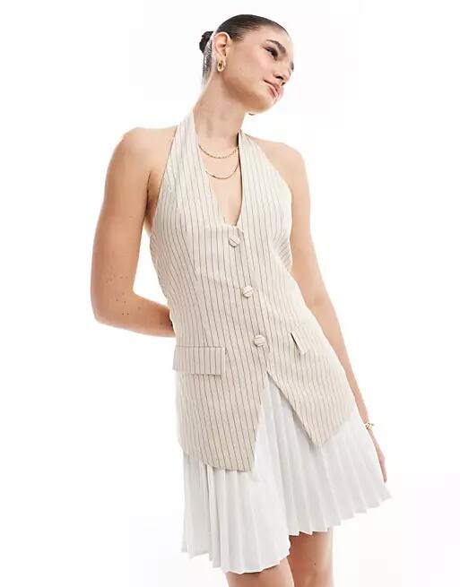 Extro & Vert 2 in 1 vest tailored pleat mini dress in cream pinstripe-White Cover