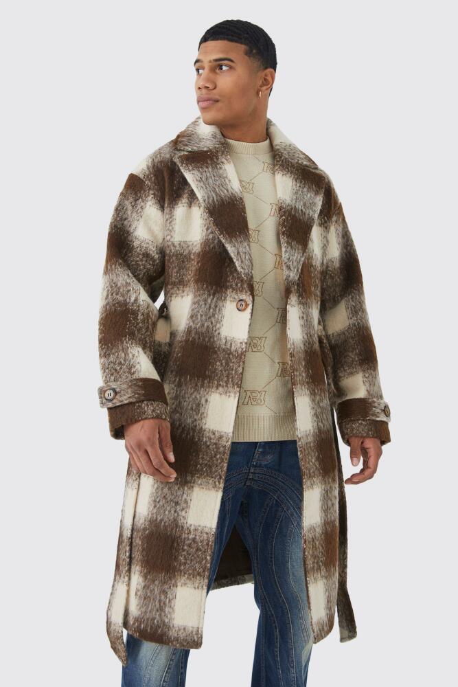 boohoo Mens Wool Look Flannel Belted Overcoat - Brown Cover