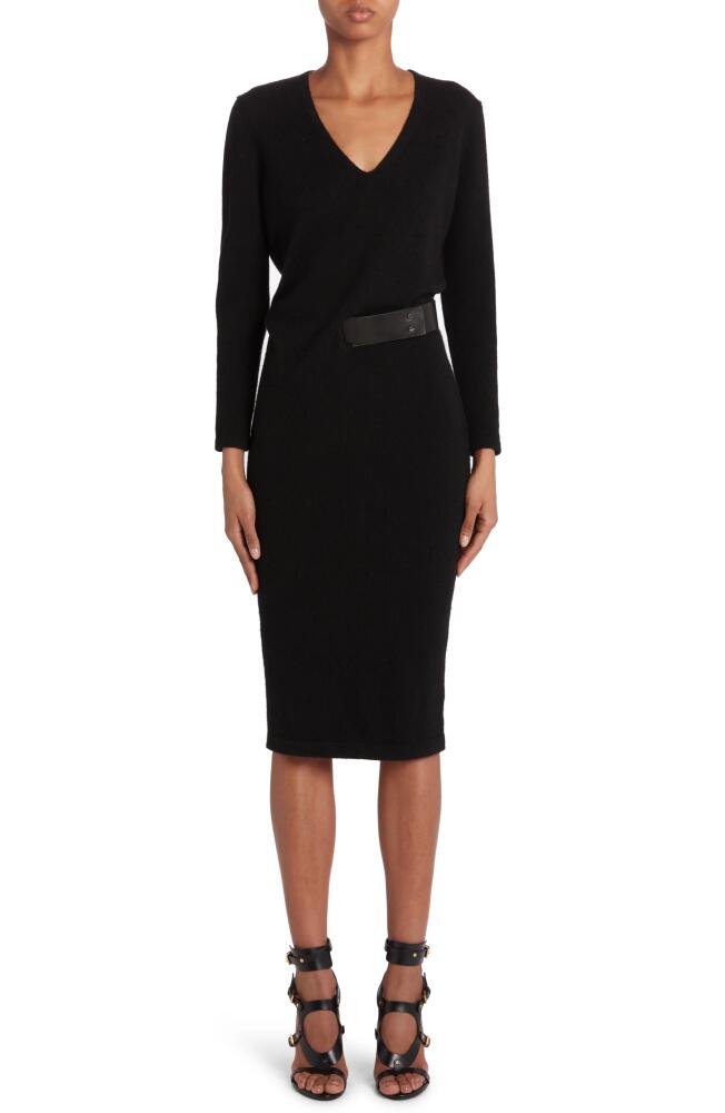 TOM FORD Leather Belt Detail Long Sleeve Cashmere Sweater Dress in Black Cover