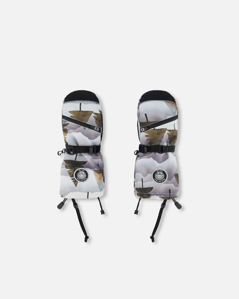 Deux par Deux Boy's Technical Mittens Grey Landscape Printed Brown Trees in Printed Gradient Mountains Cover