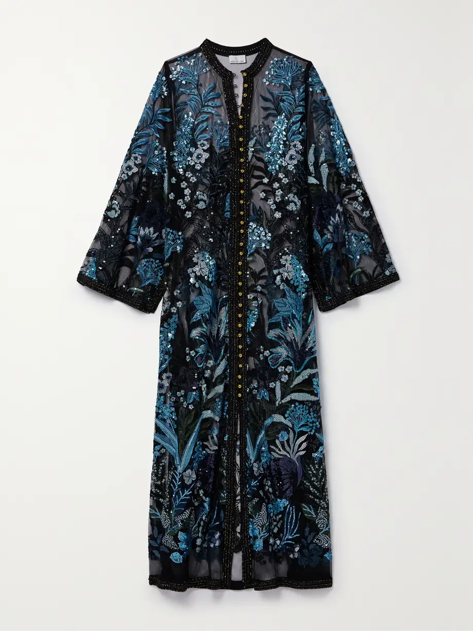 Miguelina - Basima Metallic Tweed-trimmed Sequined Embroidered Tulle Kaftan - Blue Cover