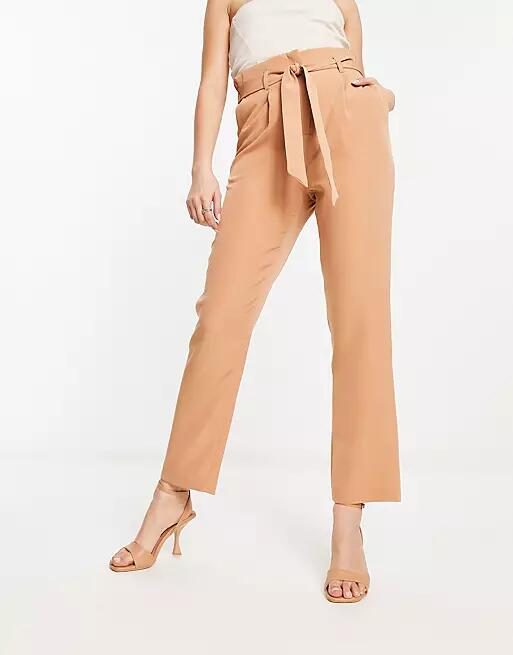 New Look paperbag tie waist straight leg pants in camel-Neutral Cover