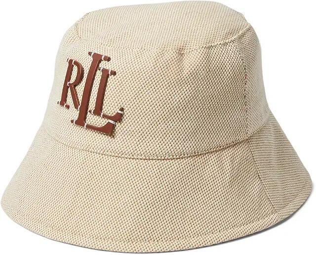 LAUREN Ralph Lauren Cross Dye Canvas Bucket Hat with Tacked Logo (Natural/Dark Natural) Traditional Hats Cover