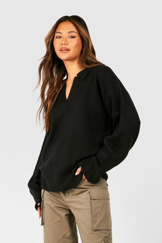 boohoo Womens Soft Knit Polo Collar Sweater - Black Cover