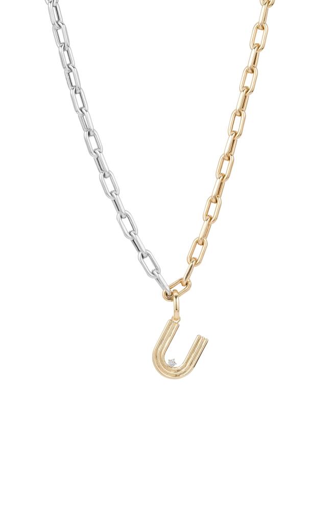 Adina Reyter Two-Tone Paper Cip Chain Diamond Initial Pendant Necklace in Yellow Gold - U Cover