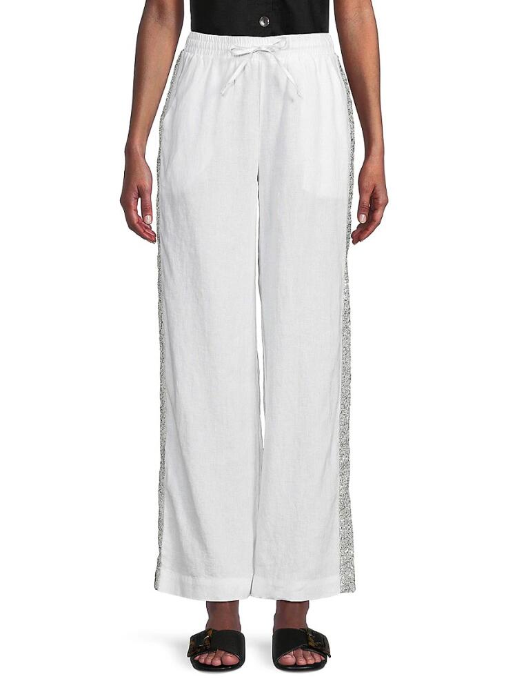 Saks Fifth Avenue Women's Sequin Trim 100% Linen Pants - White Cover