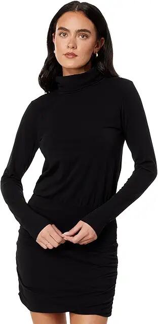 bobi Los Angeles Turtleneck Long Sleeve Shirred Skirt Dress (Black) Women's Dress Cover