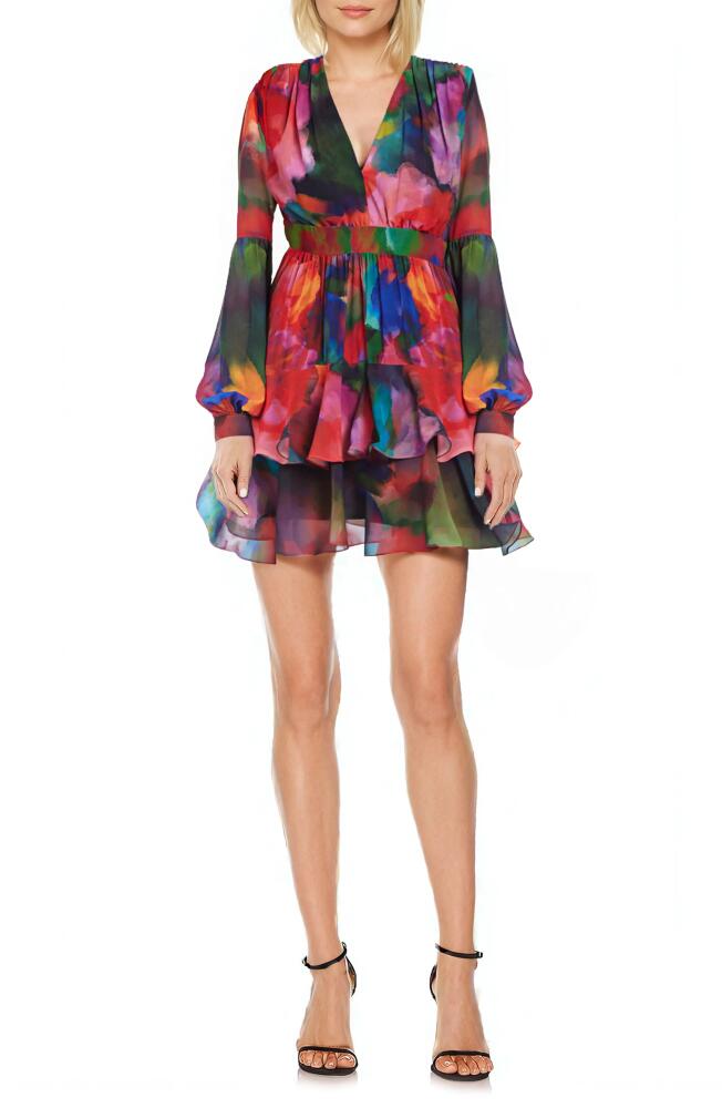 Jewel Badgley Mischka Abstract Floral Long Sleeve Tiered Ruffle Minidress in Red Multi Cover