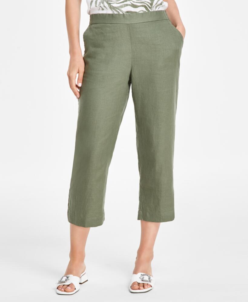 Charter Club Women's 100% Linen Solid Cropped Pull-On Pants, Created for Macy's - Cool Olive Cover