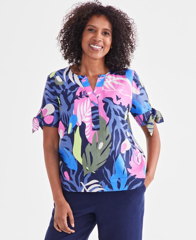 Charter Club Petite 100% Linen Palm Print Top, Created for Macy's - Intrepid Blue Combo Cover