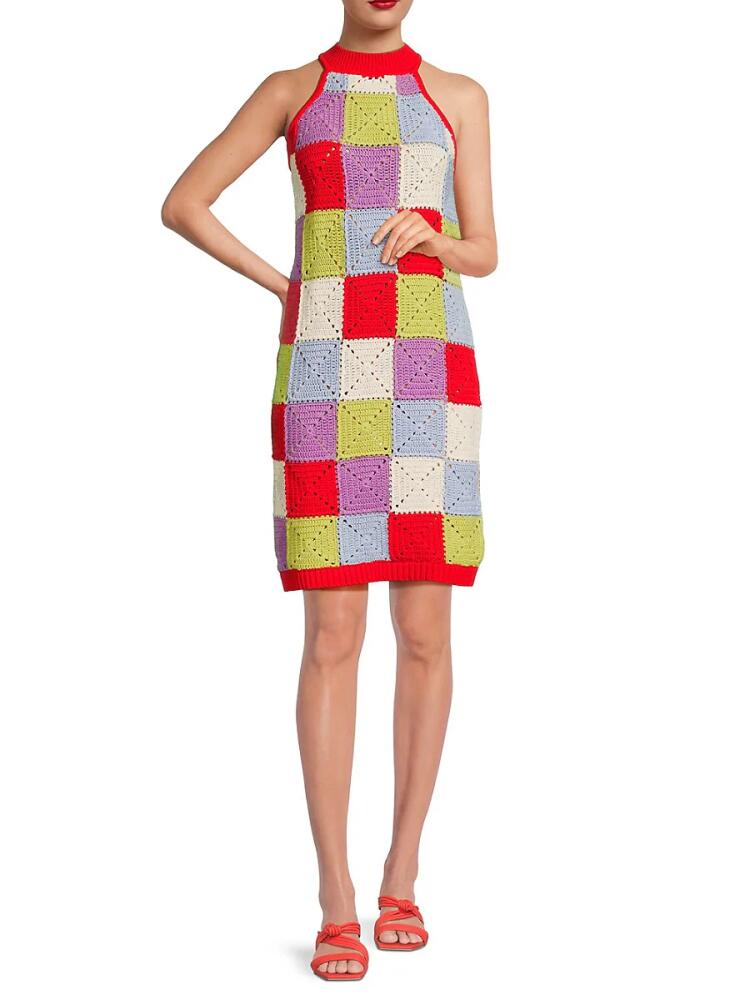 Design 365 Women's Patchwork Crochet Sweater Dress - Red Multi Cover