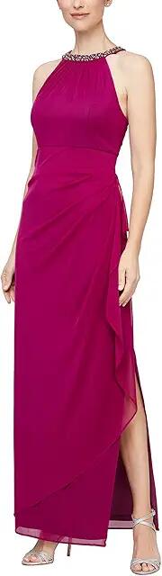 Alex Evenings Beaded Halter Long Gown with Side Ruching (Fuchsia) Women's Dress Cover