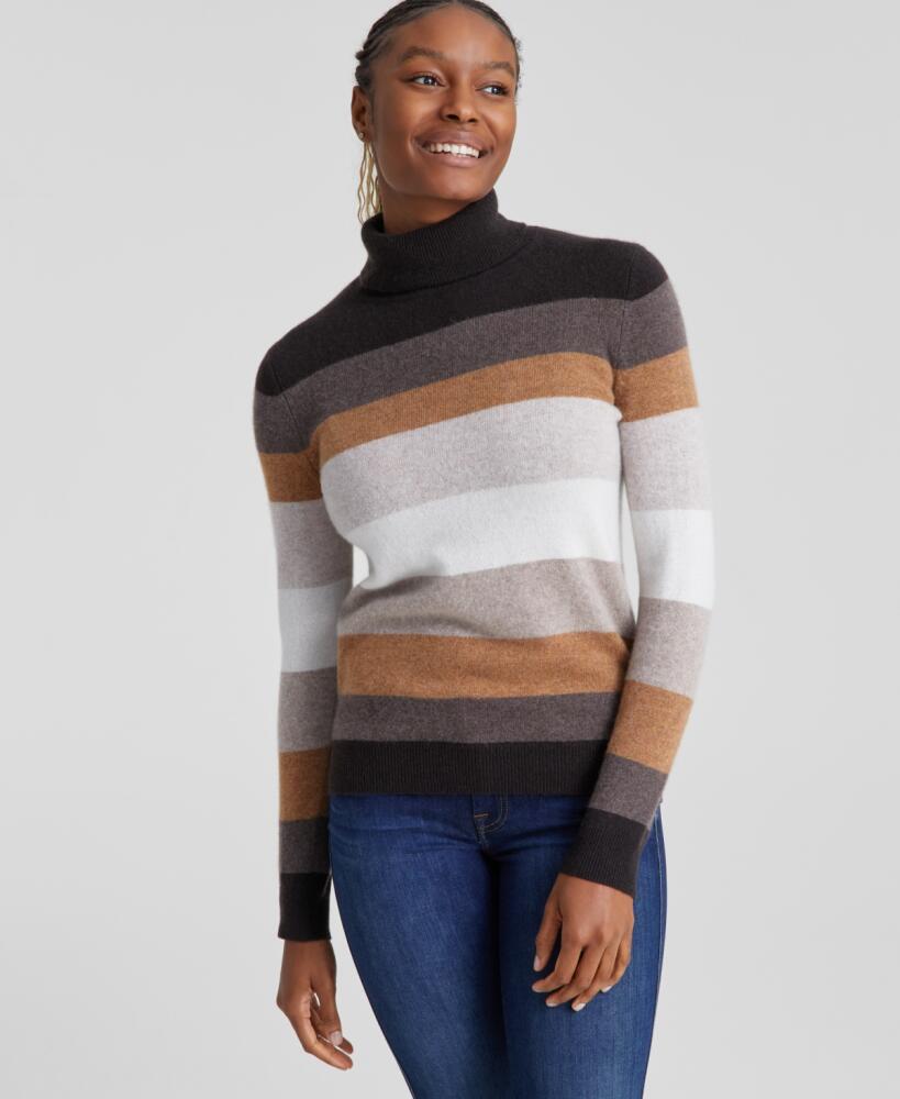 Charter Club Women's Striped 100% Cashmere Turtleneck Sweater, Created for Macy's - Pearl Taupe Heather Combo Cover