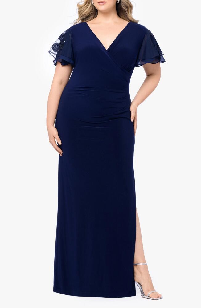 Betsy & Adam Sequin V-Neck Flutter Sleeve Gown in Navy Cover