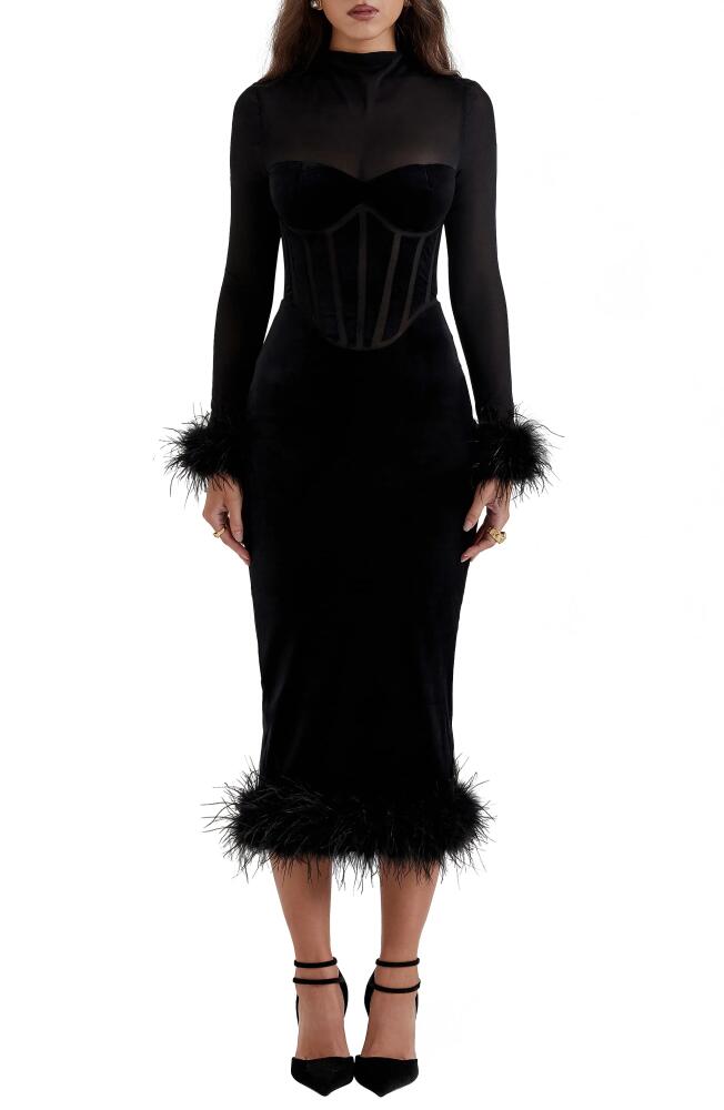 HOUSE OF CB Lianna Feather Trim Long Sleeve Corset Midi Dress in Black Cover