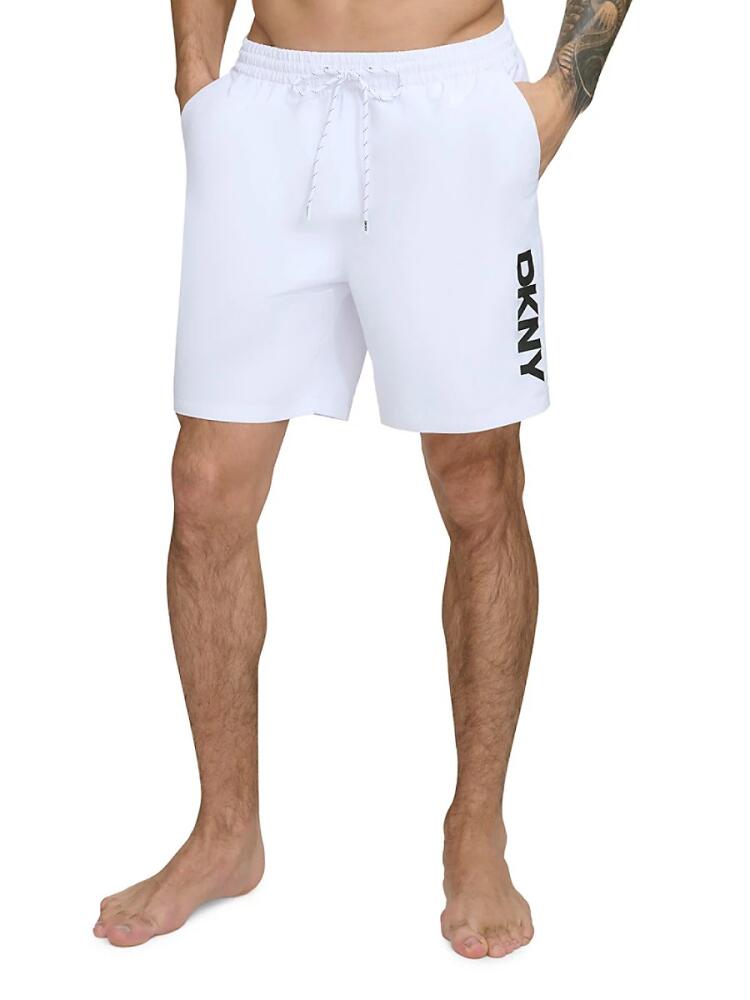 DKNY Men's Logo Standard Fit Swim Shorts - White Cover