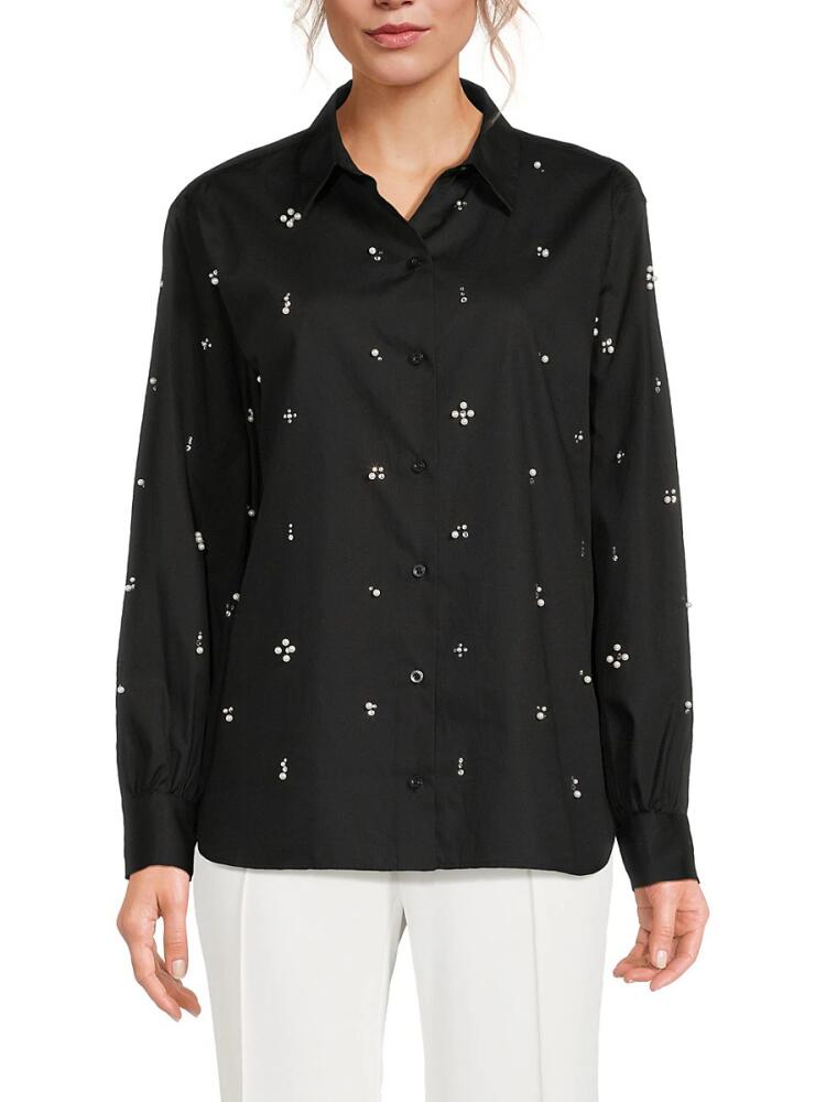 Karl Lagerfeld Paris Women's Faux Pearl Button Down Shirt - Black Cover