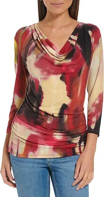 Calvin Klein Printed Long Sleeve Cowl Front (Cranberry Multi Combo) Women's Clothing Cover