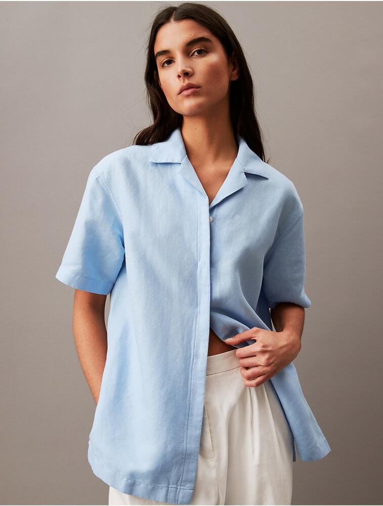 Calvin Klein Women's Linen Blend Camp Button-Down Shirt - Blue Cover