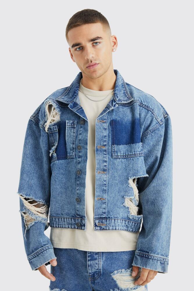 boohoo Mens Boxy Fit Distressed Jean Jacket - Grey Cover