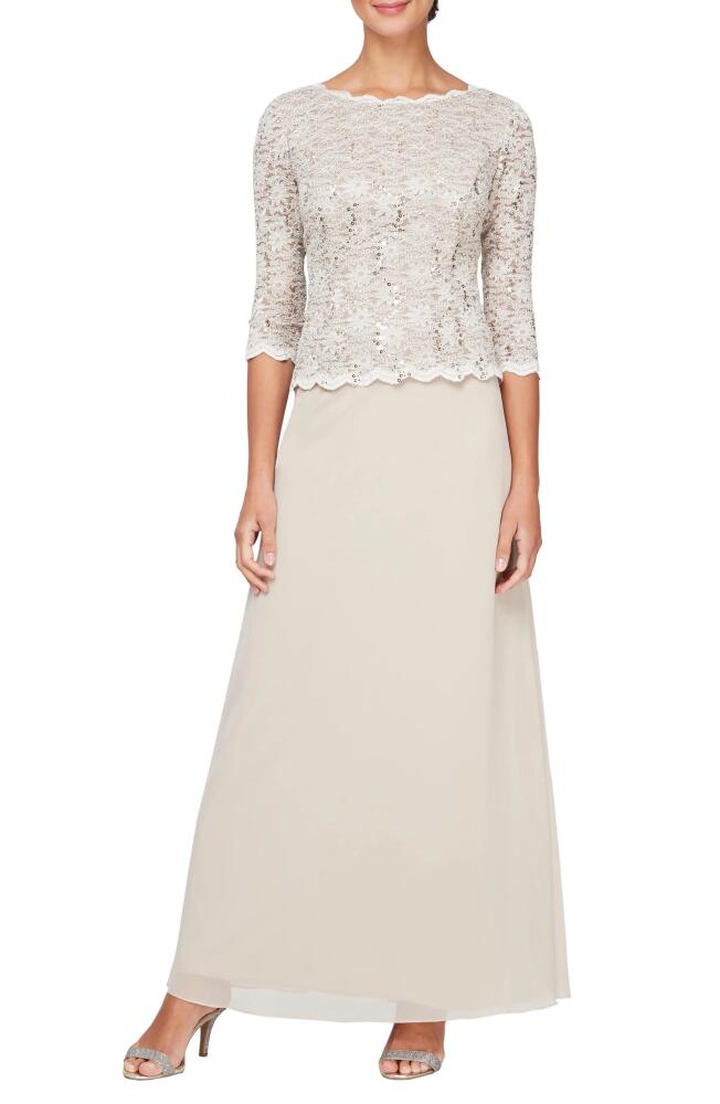 Alex Evenings Sequin Lace & Chiffon Gown in Taupe Cover